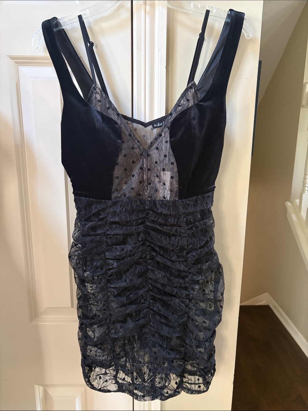 NWT For Love & Lemons Velvet Jourdan Black Lace Bodysuit Mini Dress, med